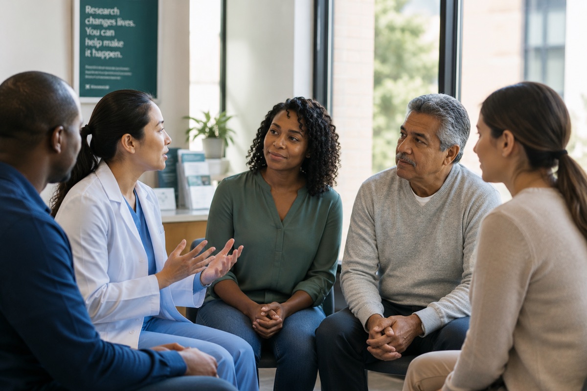 A clinician talking with a diverse group of people about taking part in research